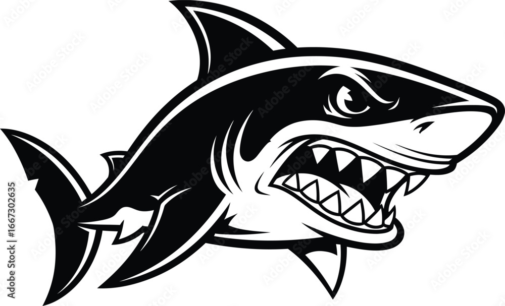 Obraz premium A menacing black and white illustration of a shark with its mouth open, revealing sharp teeth, conveying a sense of aggression and danger.