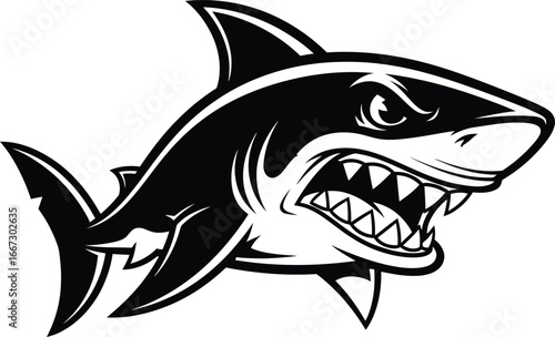 A menacing black and white illustration of a shark with its mouth open, revealing sharp teeth, conveying a sense of aggression and danger.