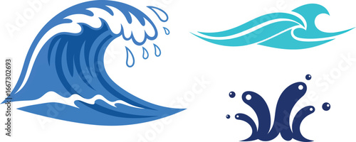 Stylized blue water wave and splash graphics on a white background.