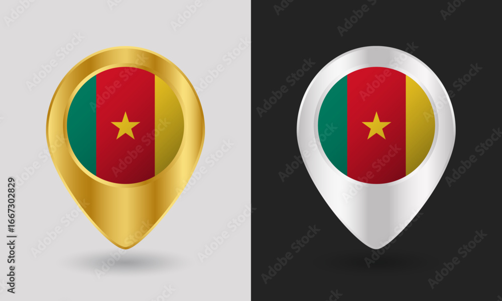 Fototapeta premium Gold and Silver Cameroon Flag Map Pin Icon