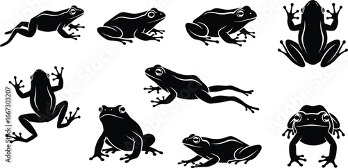 A collection of silhouette illustrations of frogs in various poses.