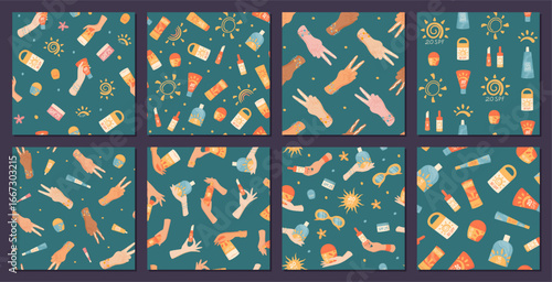 Flat seamless pattern with sunscreen bottle, lotion and cream tube in set. Sunblock spray as two bottle shapes for spf sun protection. Summer cosmetic product ideal for care, textile or packaging.
