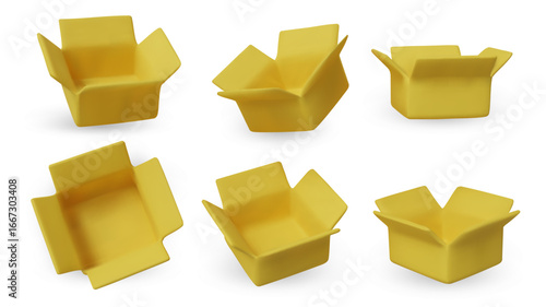 Set of 3D yellow open cardboard boxes in various angles. Realistic packaging elements for branding, ecommerce, delivery, or app design