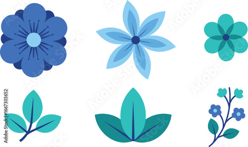 Collection of stylized blue and teal flowers and leaves.