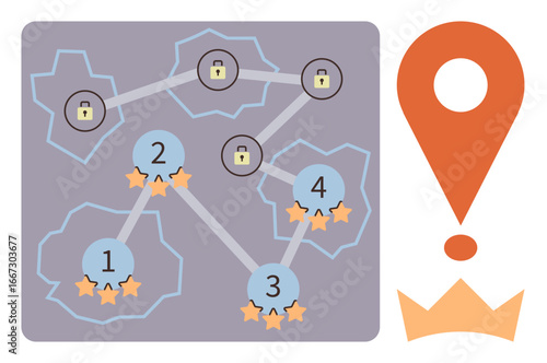Multi-level game map with stars, locks on paths, numbered checkpoints. Bright orange location pin and crown. Ideal for gaming progress, achievement, strategy, motivation, goal setting user
