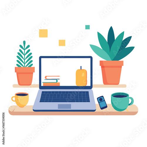 A modern desk setup with a laptop, coffee mugs, plants, and a phone, perfect for remote work or study