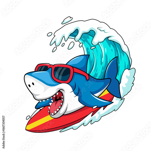 Cool Shark Surfing Ocean Waves Mascot Cartoon