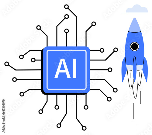 AI processor with circuits connected to its core, accompanied by a blue rocket taking off. Ideal for innovation, technology, AI development, futuristic concepts, startup growth, breakthrough ideas