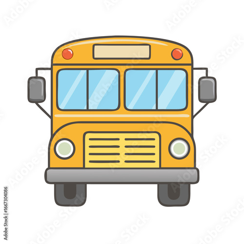 Cartoon yellow school bus with gray bumper and mirrors illustration front view