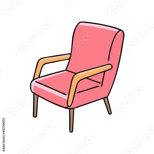 Illustration of a pink armchair with wooden arms and legs on white