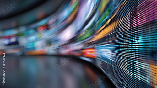 Immersive journey through a futuristic tunnel of glowing multimedia screens, showcasing a high-speed flow of digital information and streaming content