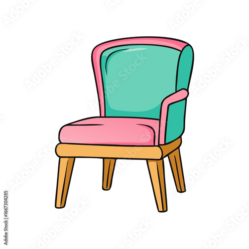 Cartoon illustration of an upholstered chair with pastel colors and wood legs
