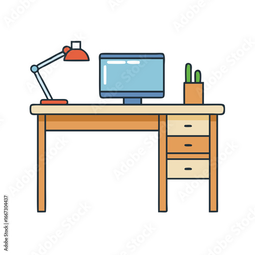 Cartoon style desk with computer, lamp, cactus, and storage drawers