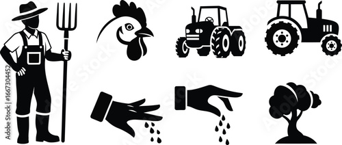 Vector art of farmer with tractor, chicken, tree, and sowing icons