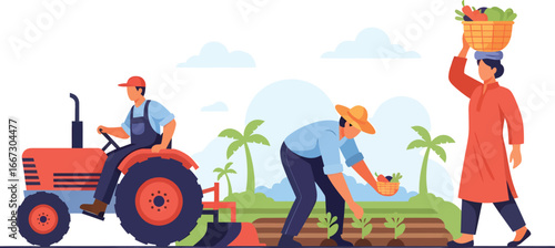 Illustration of farmers working in a field, harvesting crops, and using a tractor for agricultural activities.