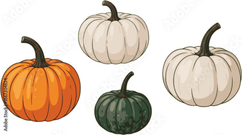 Pumpkins. Set of orange, white, and green pumpkins isolated on a white background. Vector illustrations
