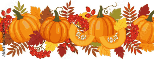 Horizontal seamless background with pumpkins and autumn leaves. Halloween 