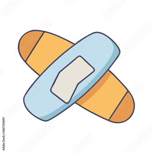Cartoon illustration of two adhesive bandages crossed indicating first aid treatment