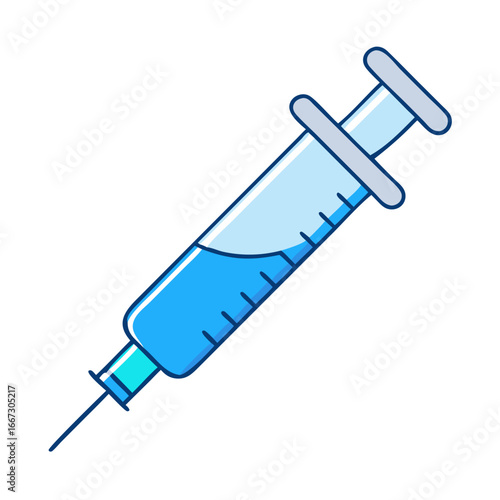Blue and white syringe filled with a liquid ready for injection