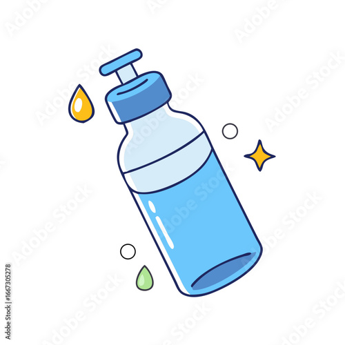 Cartoon illustration of blue liquid soap bottle with colorful liquid drops