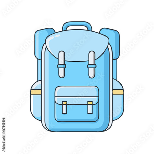 Stylized blue backpack with flap and side pockets perfect for school