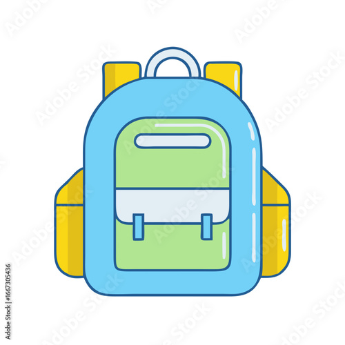 Cartoon blue and green backpack with yellow side pockets for school