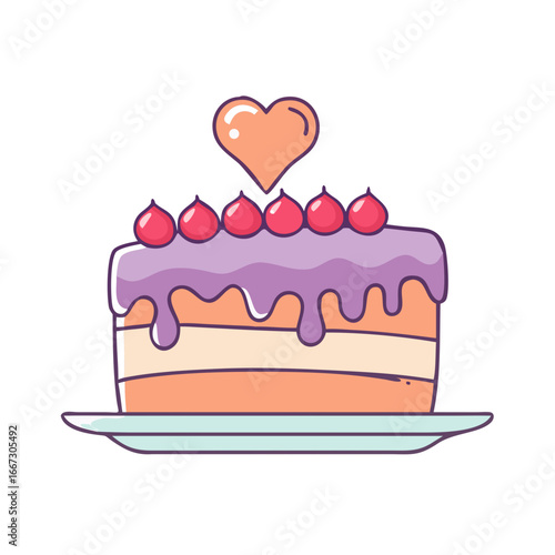 Delicious cake with heart decoration and dripping icing, resting on a plate