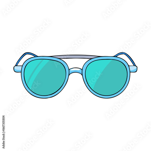 Cartoon illustration of cool blue round sunglasses with dark outline and lenses