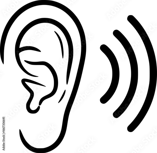 Simple Black Line Drawing of an Ear with Sound Waves. Vector illustration.