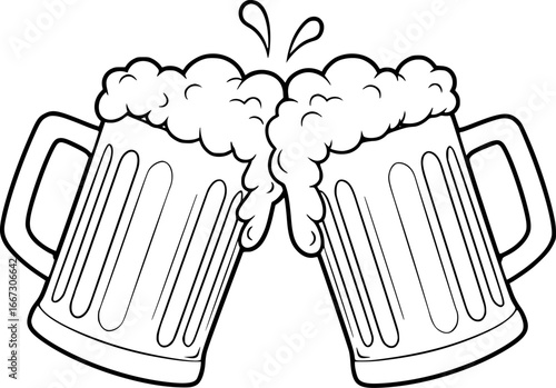 Two frothy beer mugs clinking together in celebration. black and white line drawing vector illustration.