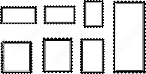 A collection of black and white postage stamp-style frames in different rectangular shapes. Vector illustration.