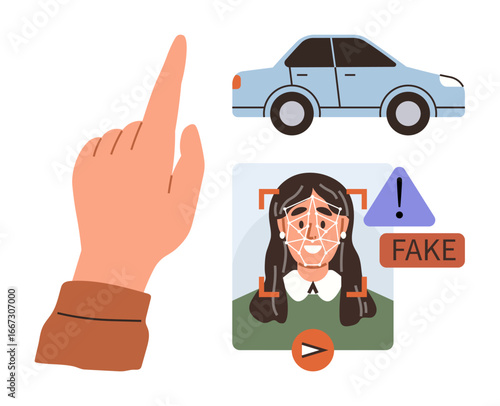 Human hand pointing, AI facial recognition analyzing identity, car illustration, warning alerts, fake identity detection. Ideal for technology, AI security, fraud prevention, verification systems