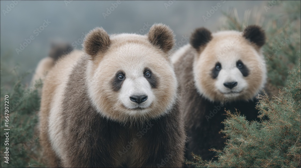Obraz premium Two Adorable Giant Pandas in a Natural Habitat, Capturing a Heartwarming Moment