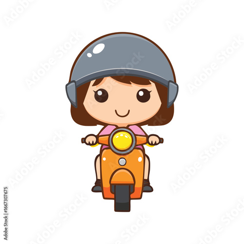 A cartoon of a girl with a helmet riding an orange scooter