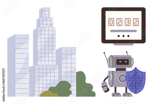 Robot holding shield near skyscrapers, digital screen displaying a numeric code. Ideal for AI security, data protection, smart cities, innovation, urbanization, cyber safety, simple flat metaphor