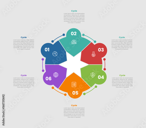 cycle and circular shape business process infographic diagram with star center and half circle badge with 6 step for slide presentation