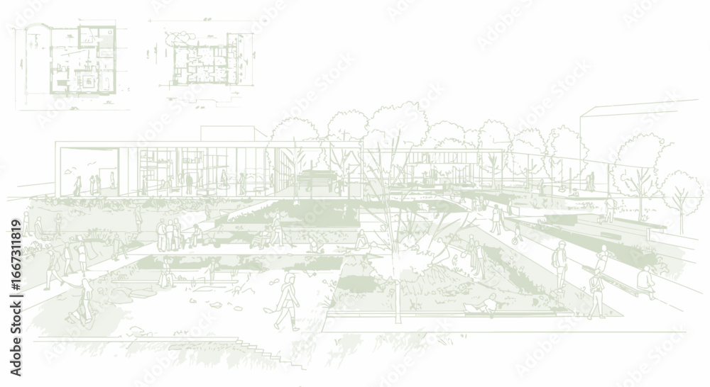 Obraz premium Detailed Architectural Design Sketch Featuring People and a Green Landscape