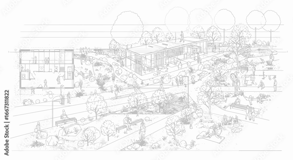 Obraz premium Architectural Sketch: Modern Buildings Integrated in Park Landscape with People