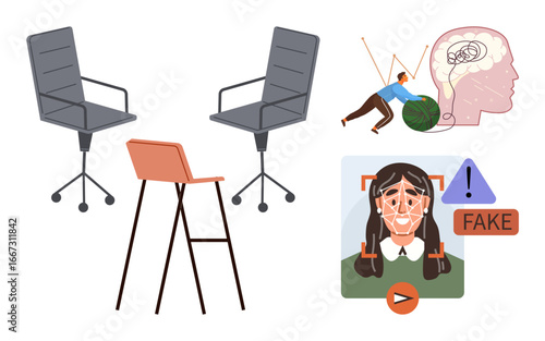 Office chairs, stool, face detection fake content warning, man pushing object near brain sketch. Ideal for technology, creativity, psychology, discussion online ethics hard work innovation. Simple