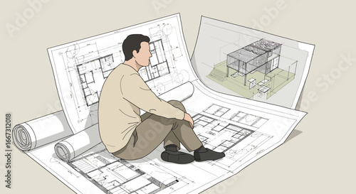 Architect reviewing blueprints of a modern house design and contemplating next steps