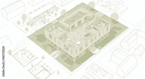 Architectural Design Concept: Isometric View of a Modern Building and Layouts