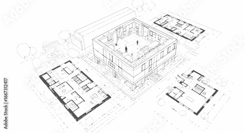 Architectural blueprint illustration showcasing modern building design and floor plans