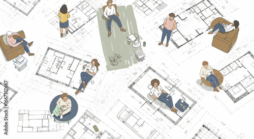 Conceptual illustration showcasing modern living atop architectural blueprints pattern