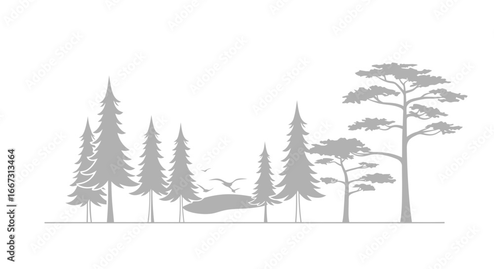 Obraz premium Minimalist forest scene with silhouettes of trees, birds and a small pond landscape