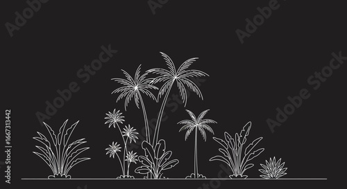 Minimalist tropical jungle outline on black background with palm trees and plants