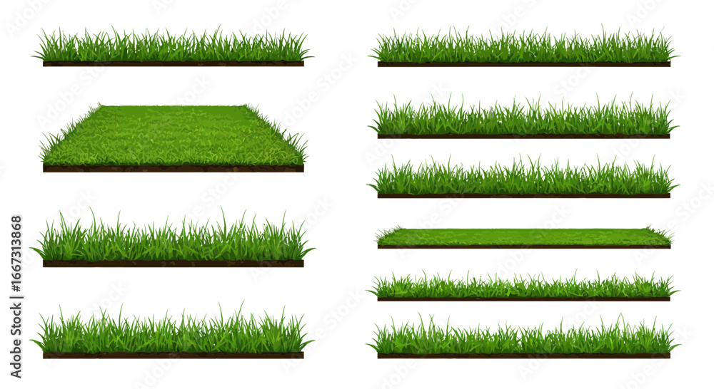 Obraz premium Variety of grass patches, seamless vector borders for landscape design elements