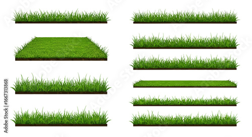 Variety of grass patches, seamless vector borders for landscape design elements