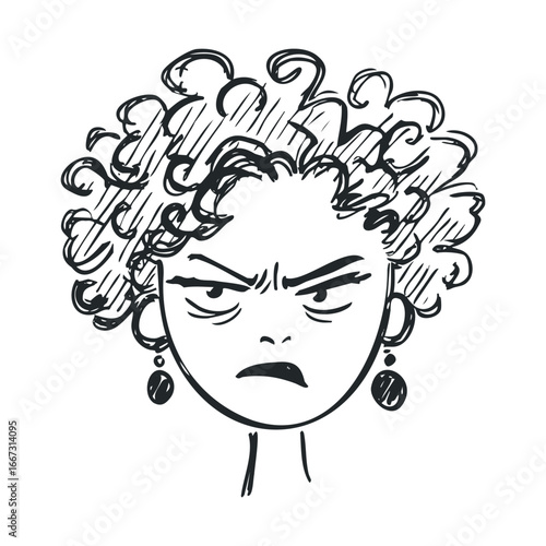 Expression of frustration with a curly hairstyle