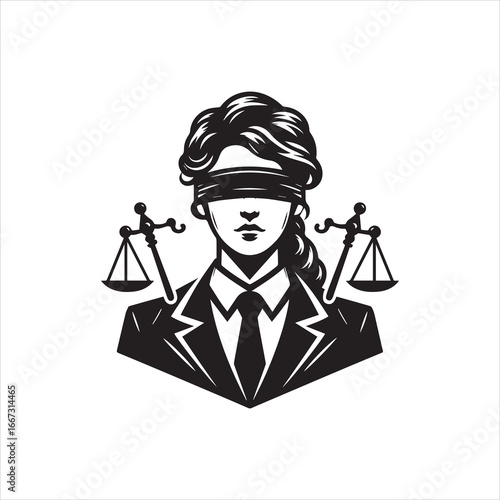 Blindfolded Lady Justice with Scales in Black and White Graphic Illustration.