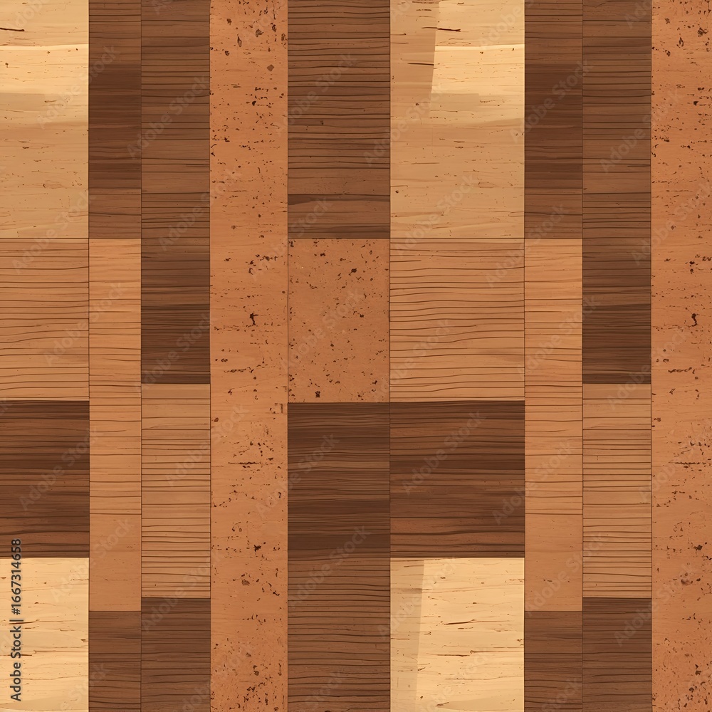Fototapeta premium Interlocking wood and cork parquet flooring pattern in warm brown tones.